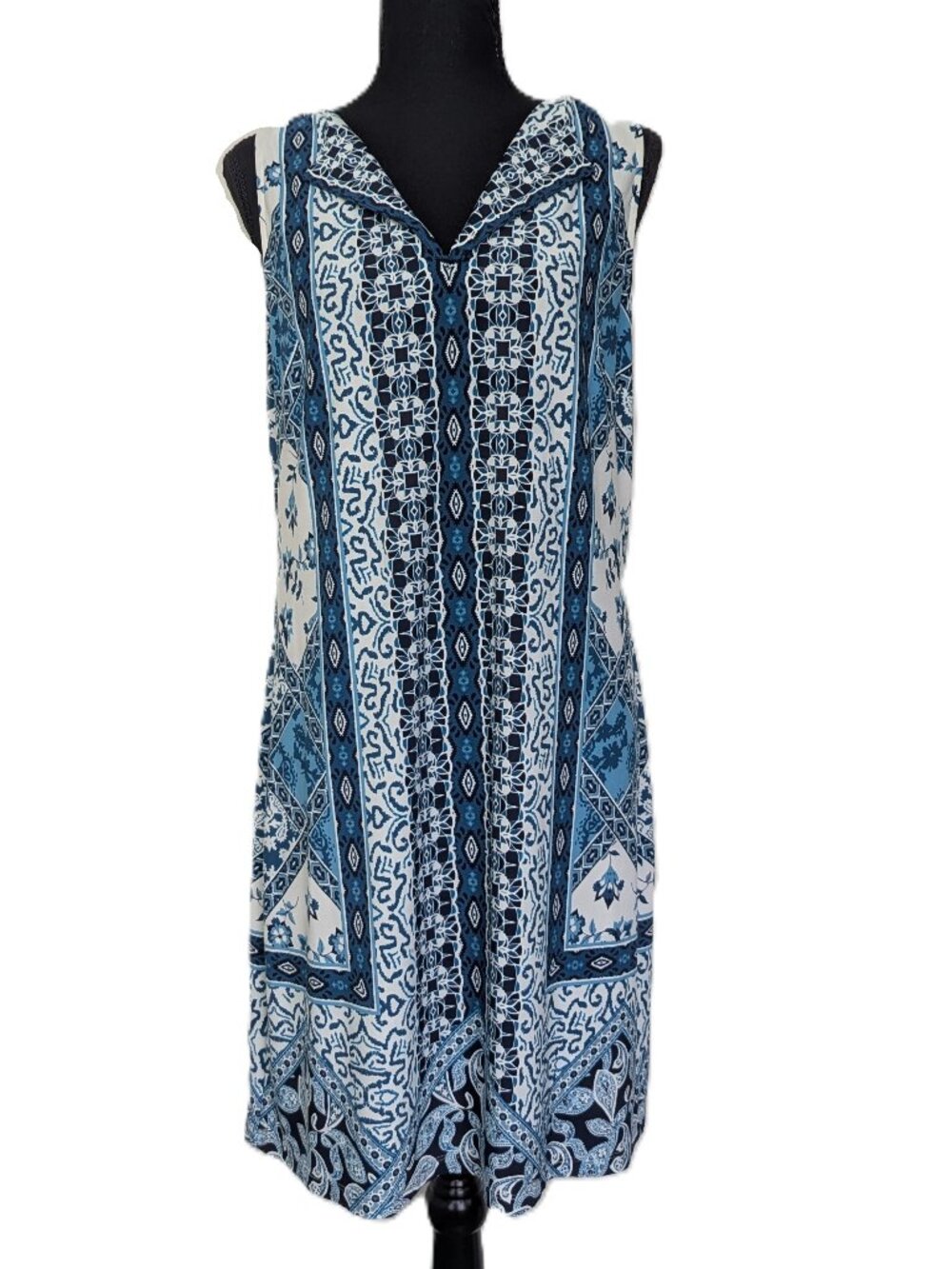 White House Black Market Blue White Women's Patchwork Dress Size Medium Flowy